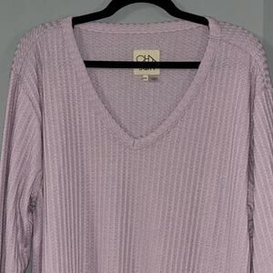 Chaser Womens Waffle Knit V-Neck Thermal Long Sleeve Top in Lilac, Sz XXL